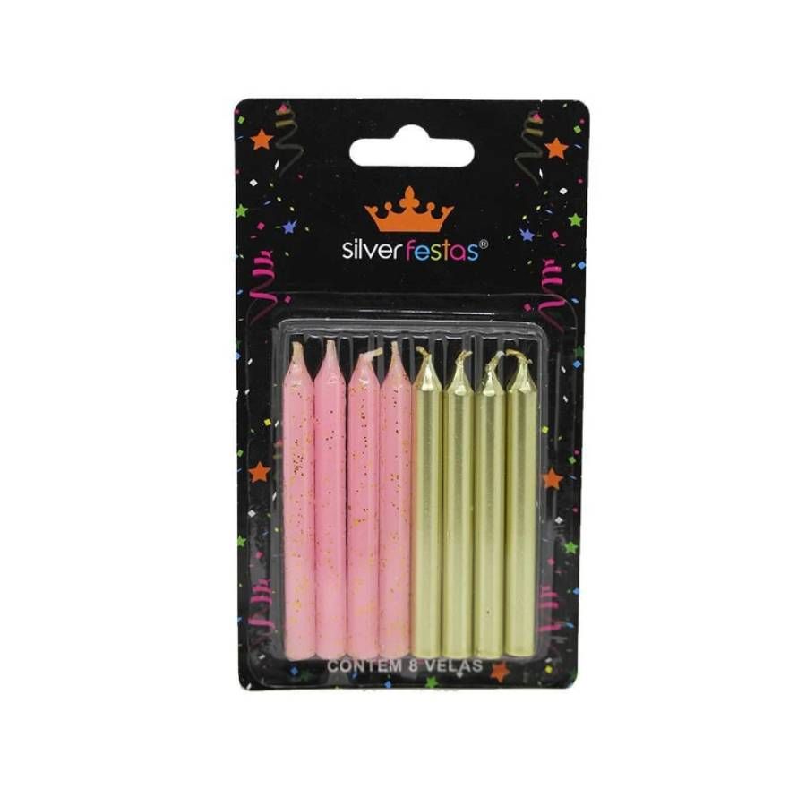 Vela Palito Rosa com Glitter e Dourado – ...