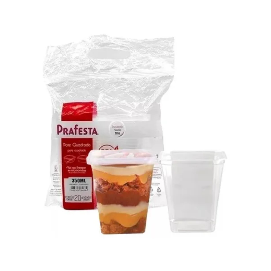 Pote Quadrado 350ml com Tampa – 20 Unidades