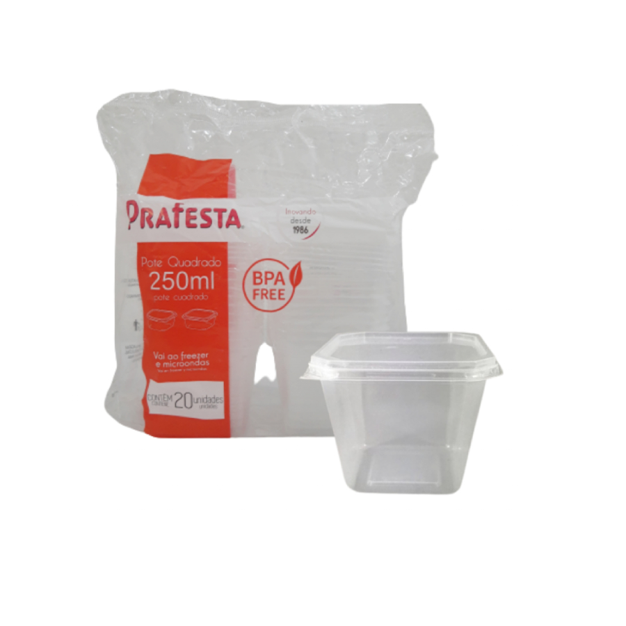 Pote Quadrado 250ml com Tampa – 20 Unidades