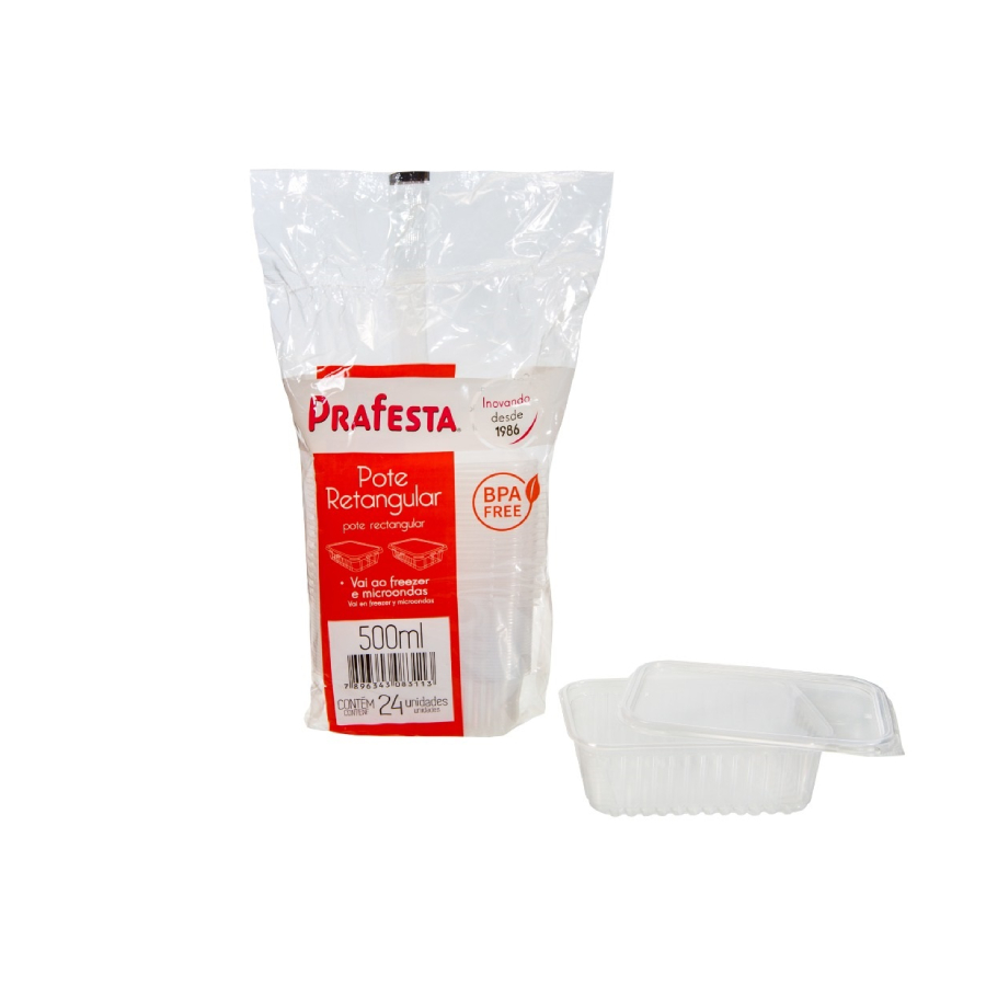 Pote Retangular 500ml com Tampa – 24 Unid...