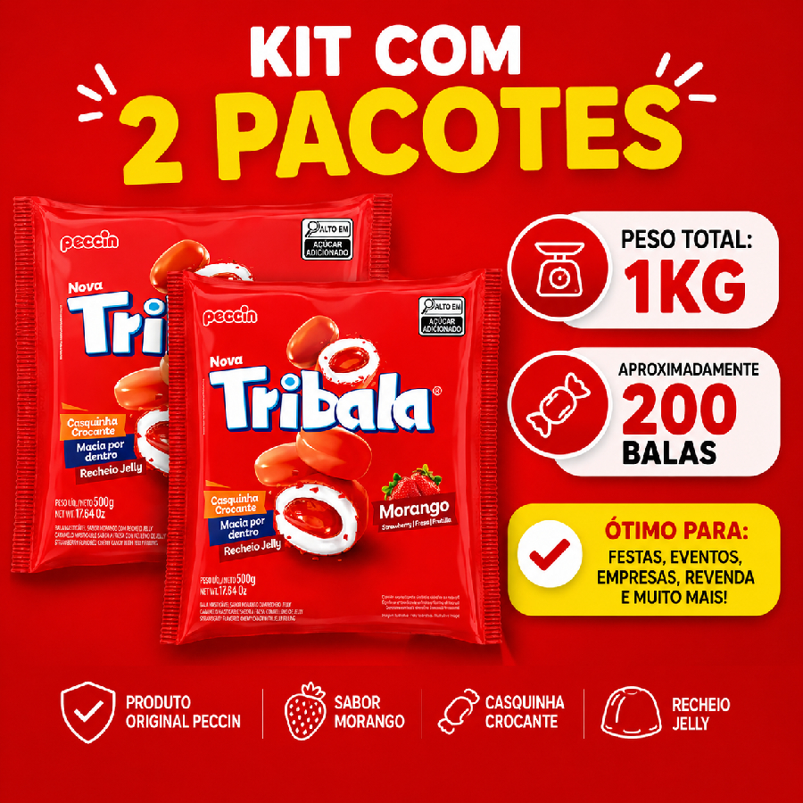 Bala Tribala Morango Recheada Kit 1kg Pec...
