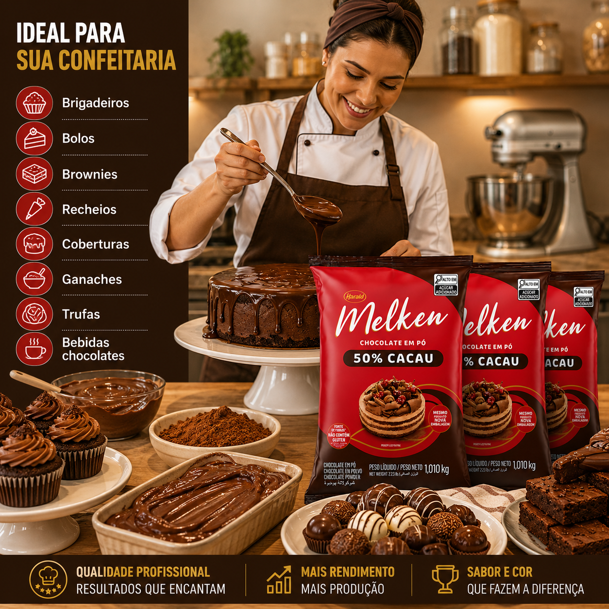 Kit 3 pct Chocolate Em Pó Melken 50% Caca...