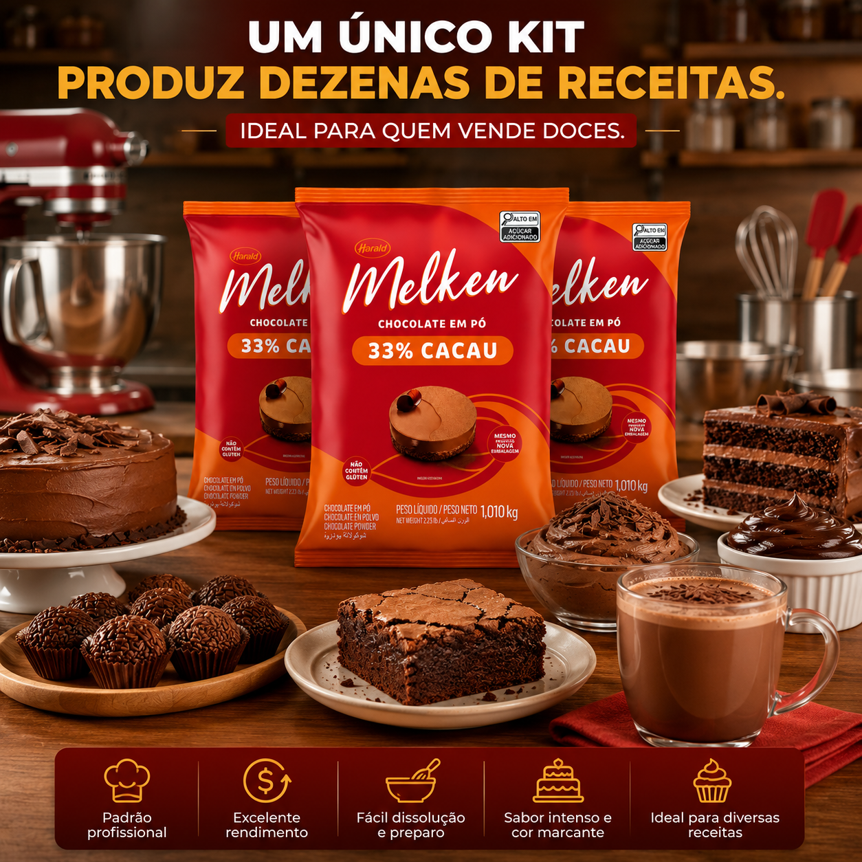 Kit 3 Pacotes Chocolate Em Pó Melken 33% ...