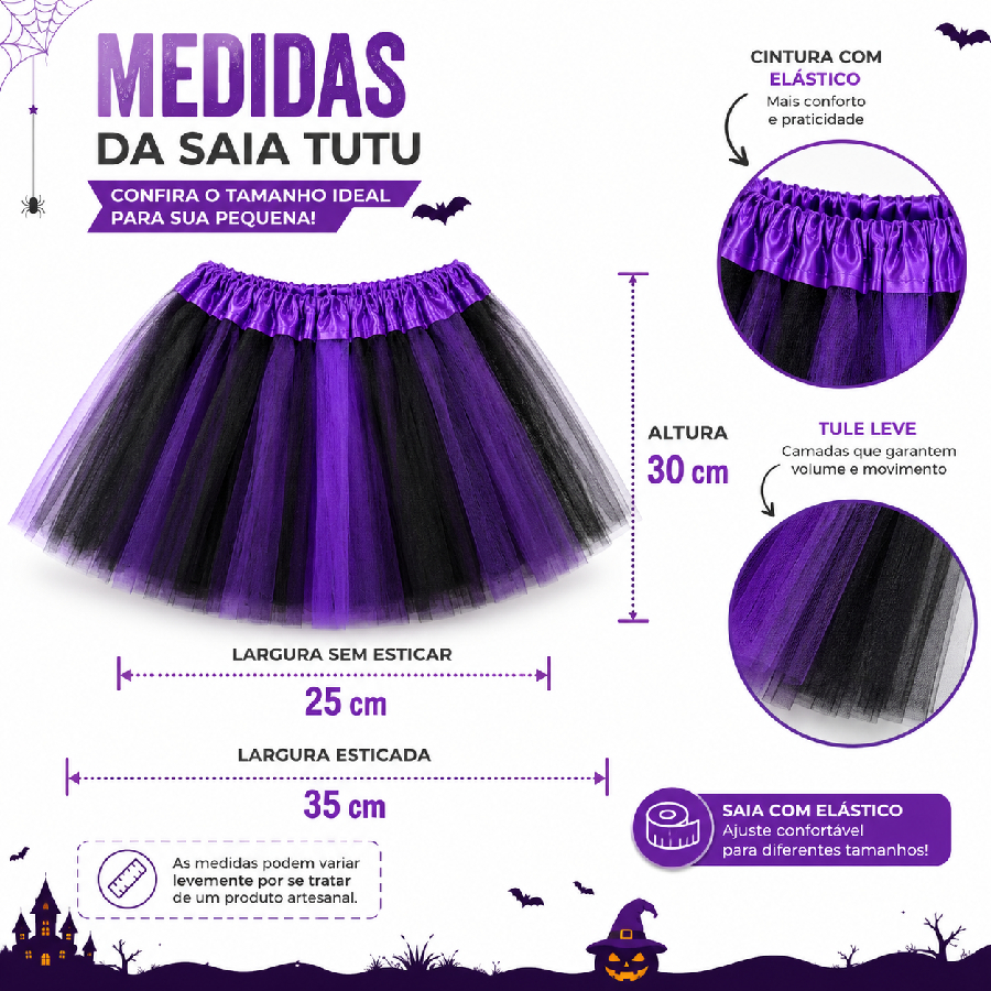 Saia Tutu Infantil Halloween Bruxinha Tul...
