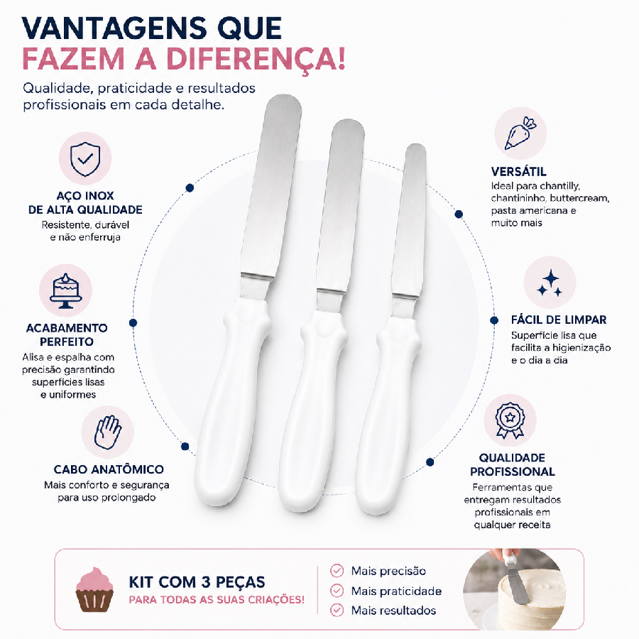 Kit Espátula Inox 3 Peças YDH Confeitaria...
