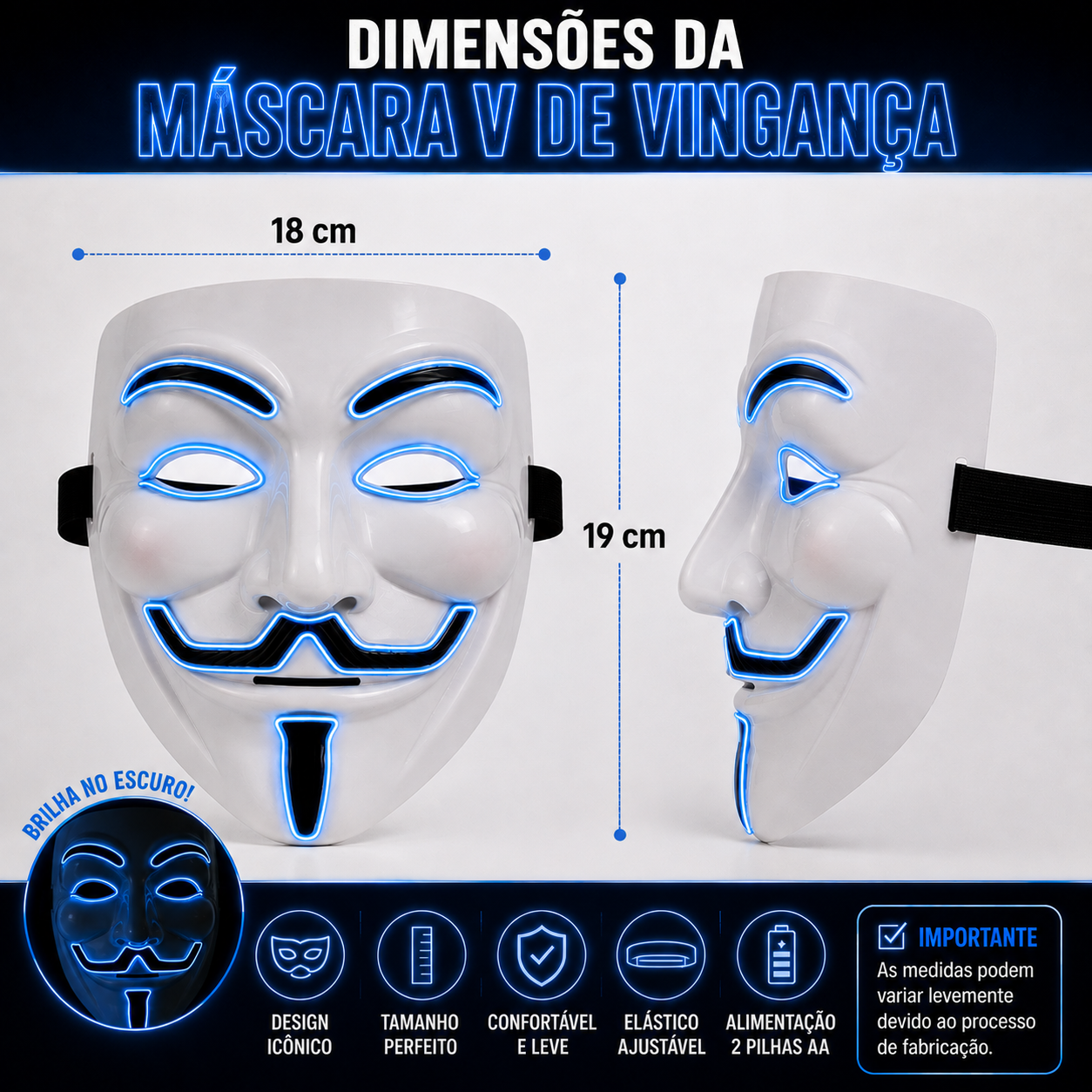 Máscara V de Vingança Led Azul Fantasia C...