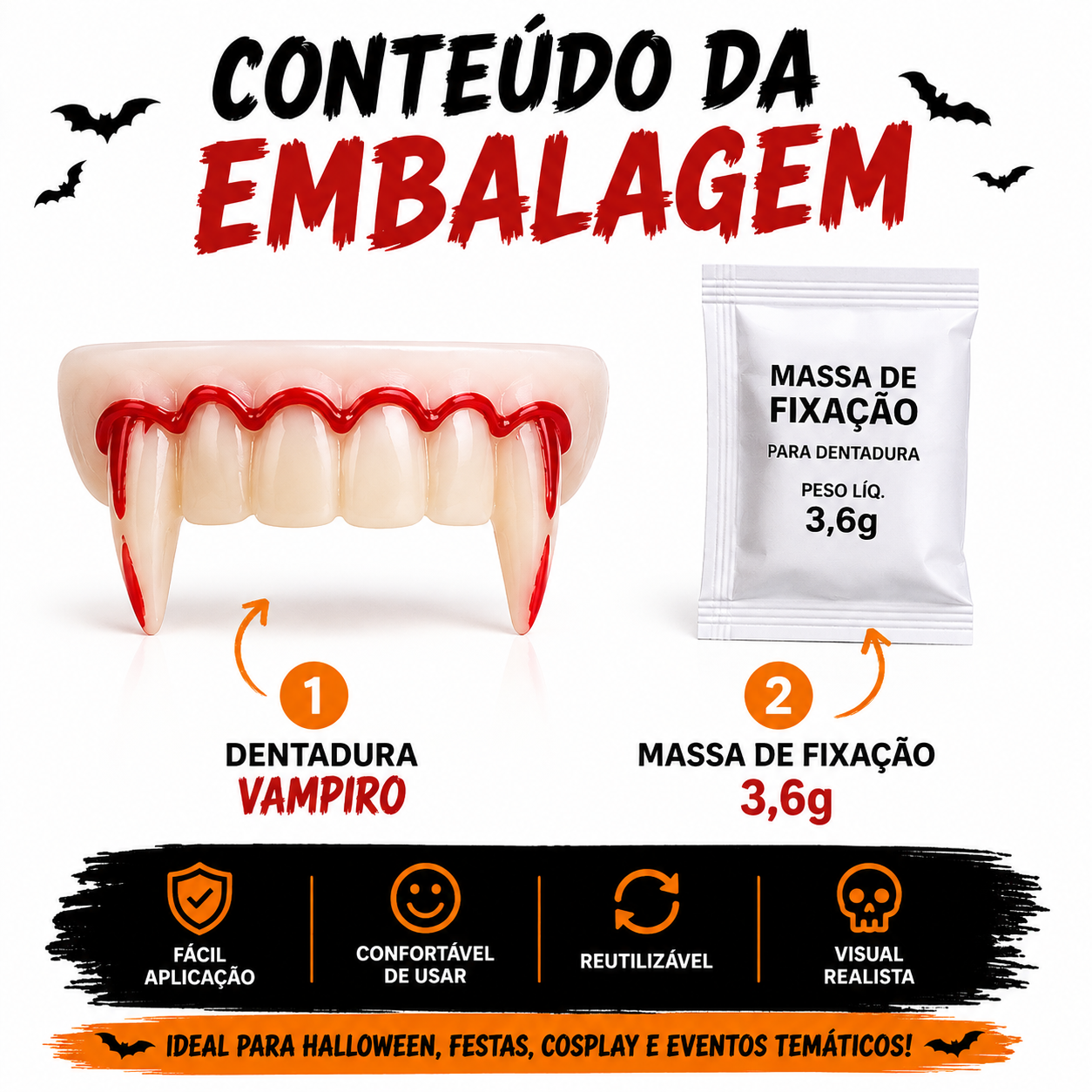 Dentadura Vampiro Massa Fixação Fantasia ...