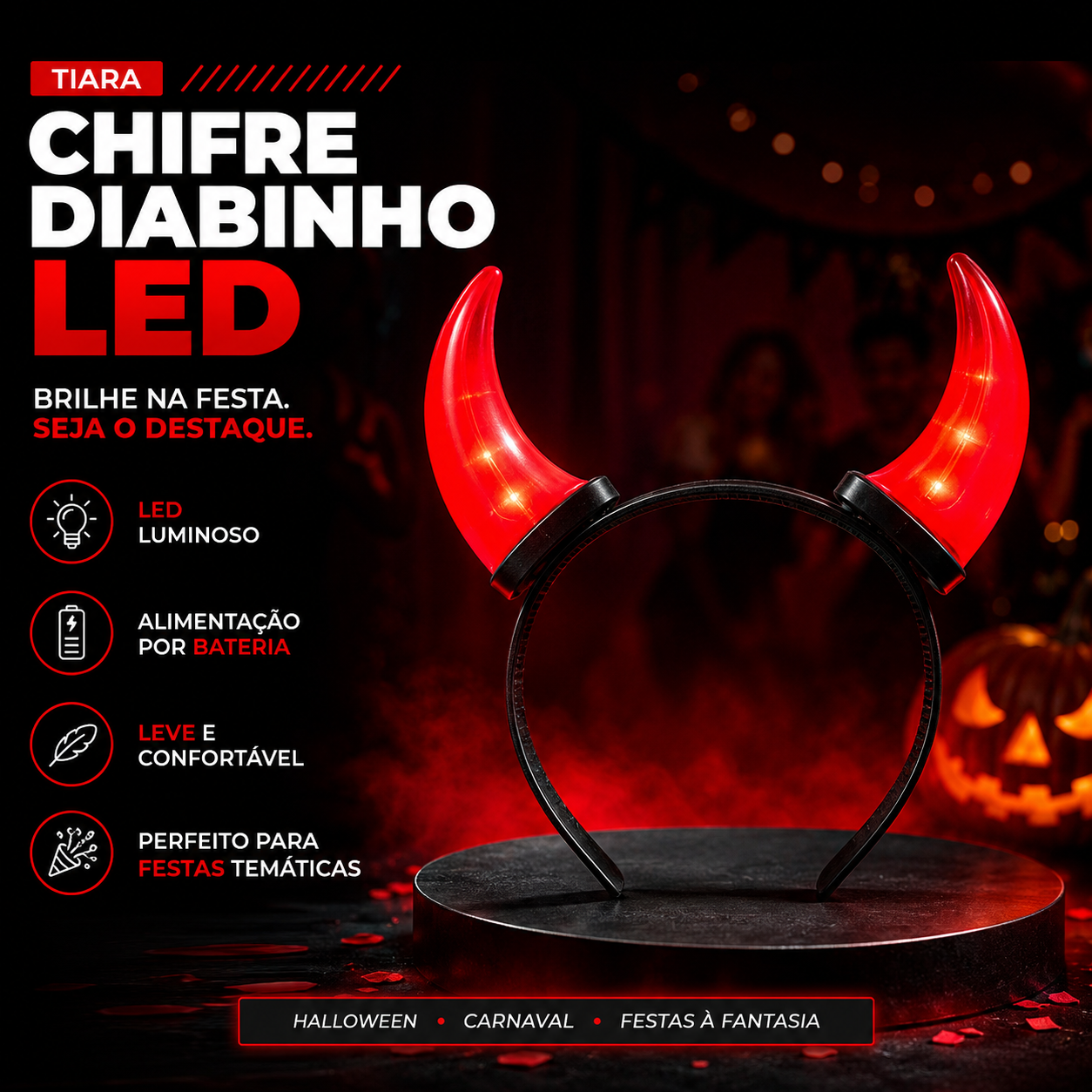 Tiara Chifre Diabinho LED Halloween Carna...