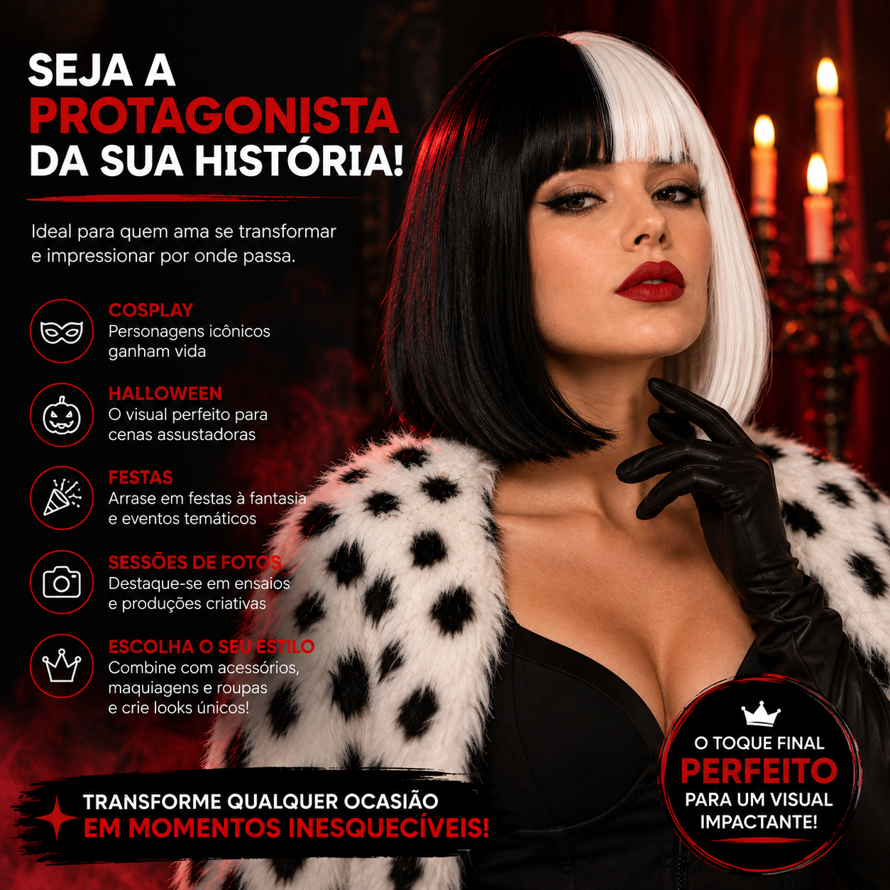 Peruca Chanel Cruella Fantasia Cosplay Ha...