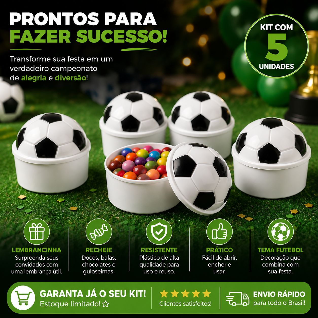 Kit 5 Baleiro Bola Futebol Branco Pote P/...