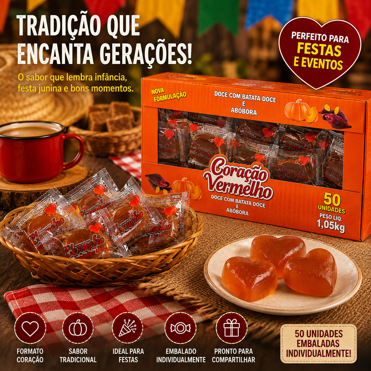 Doce de Abóbora Coração 50 Unidades Embalado