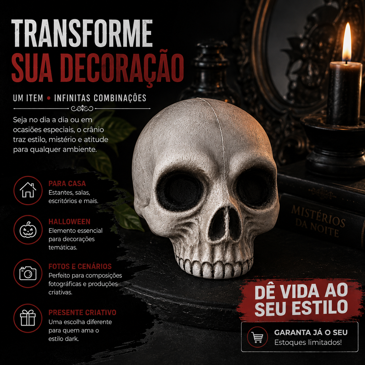 Crânio Médio Decorativo Caveira Halloween...