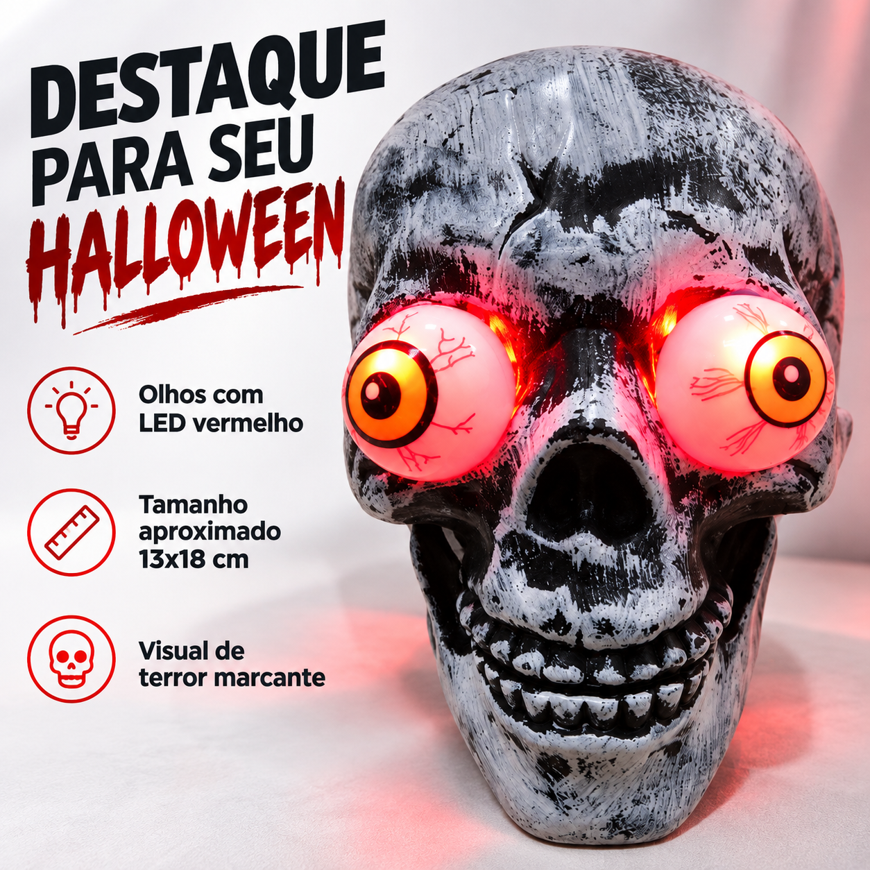 Caveira Com Olhos LED Vermelhos Hallowee ...