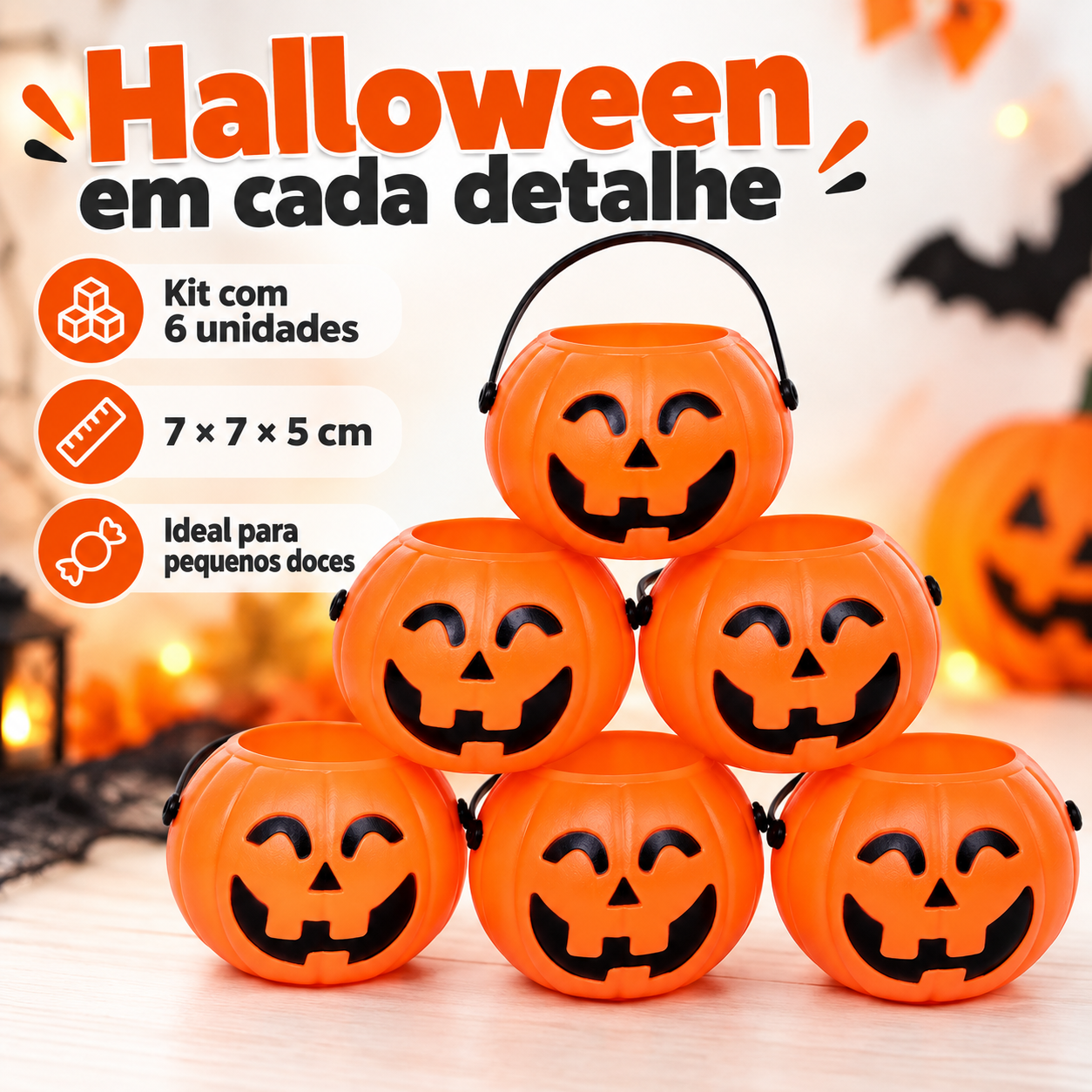 Mini Balde Abóbora Decoração Halloween Kit 6