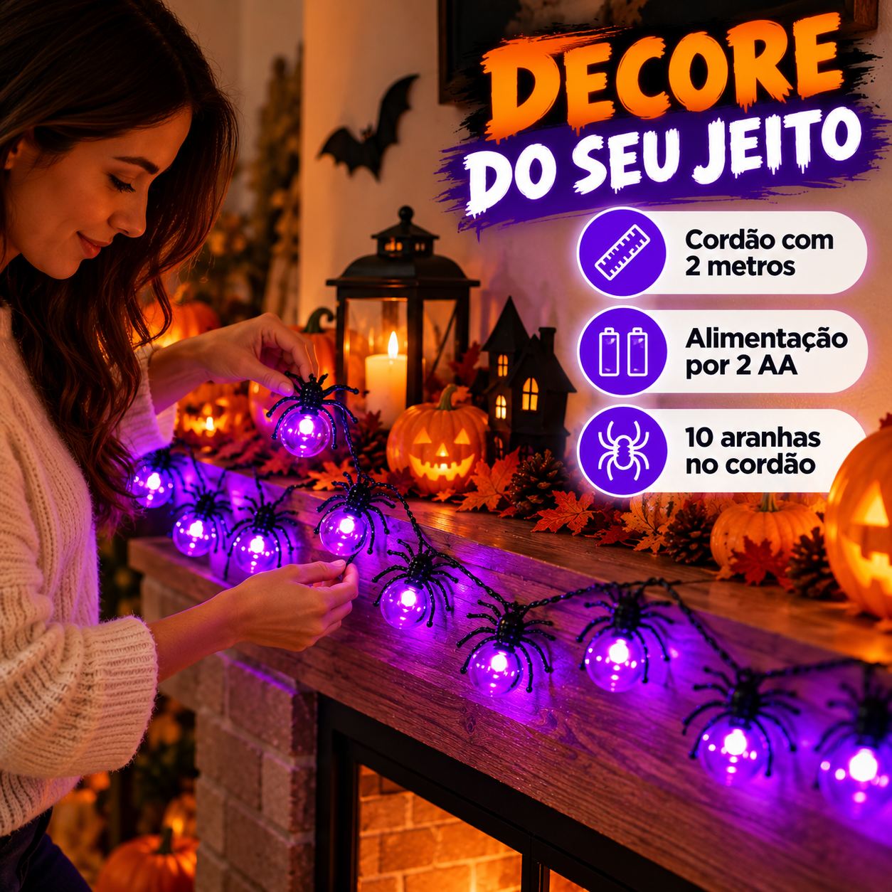 Cordão Led Decoração Halloween 10 Aranhas...
