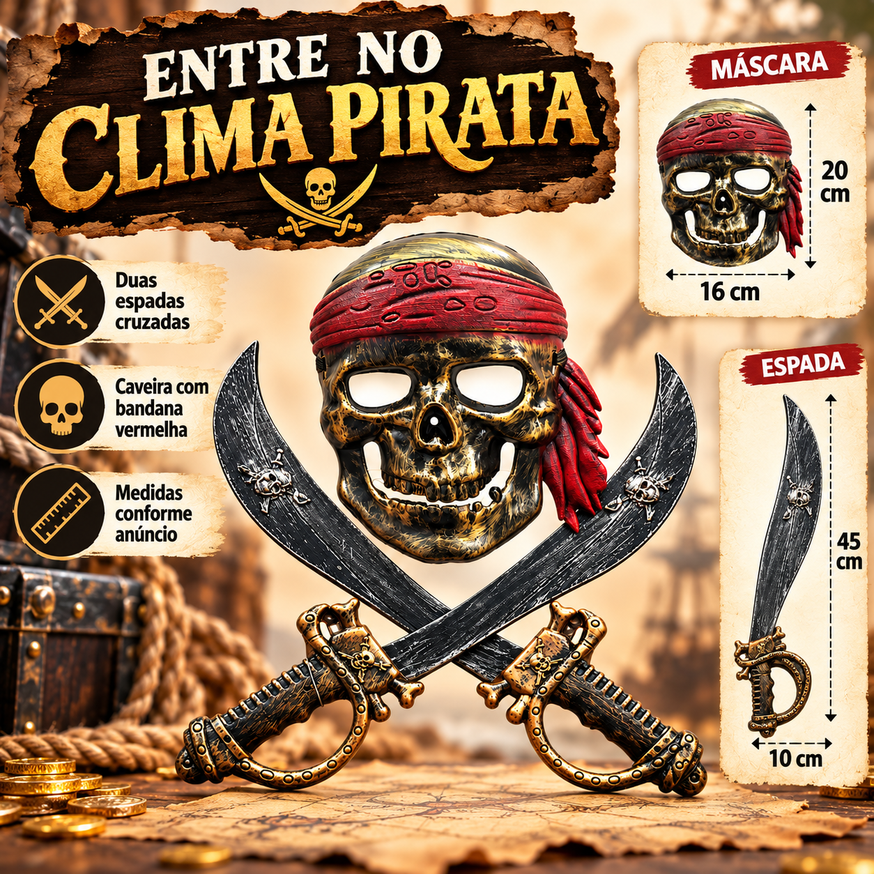 Máscara Caveira Pirata Com Espadas Cruza ...