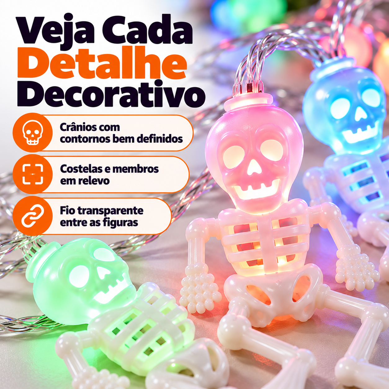 Enfeite Cordão Caveiras LED Colorido Fest...