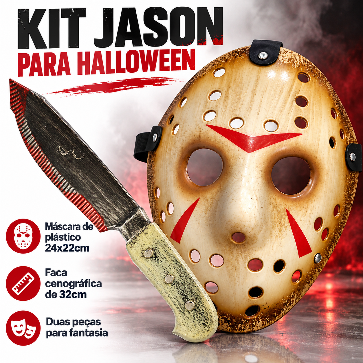 Kit Máscara Jason Com Faca Falsa Sangue  ...