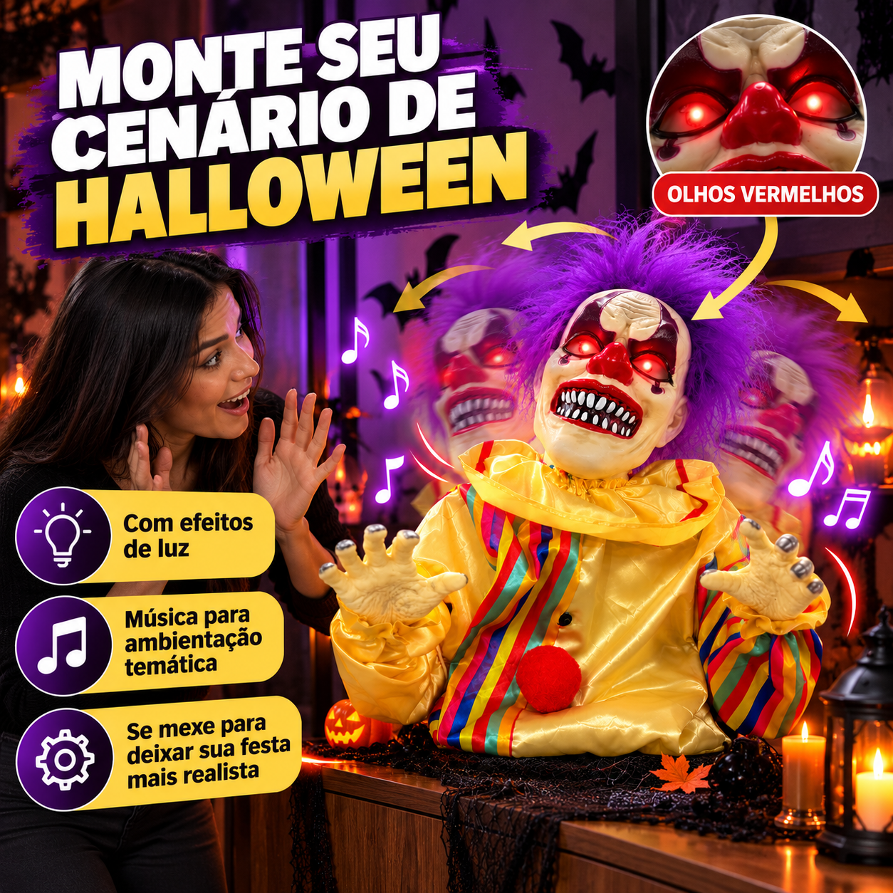 Palhaço Coringa Terror 60cm Com Luz E Música