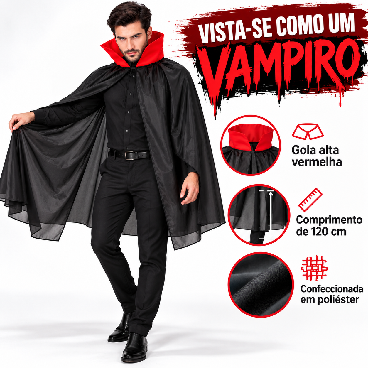 Capa Vampiro Fantasia Adulto Gola Vermelh...