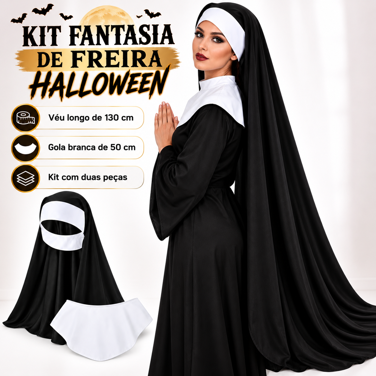 Kit Véu e Gola Freira Fantasia Halloween ...