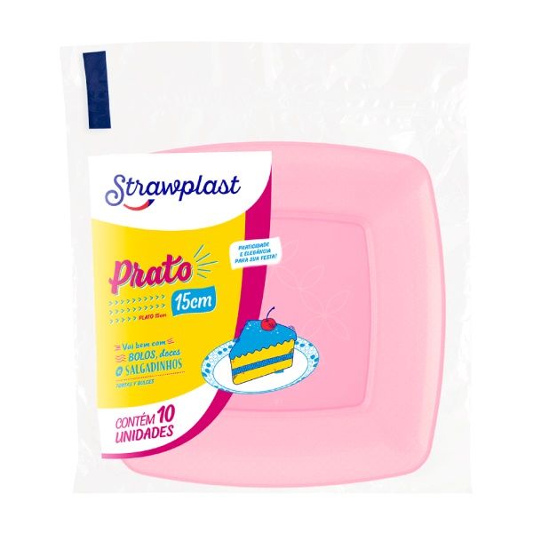 Prato Quadrado 15 cm Rosa com 10 Unidades...